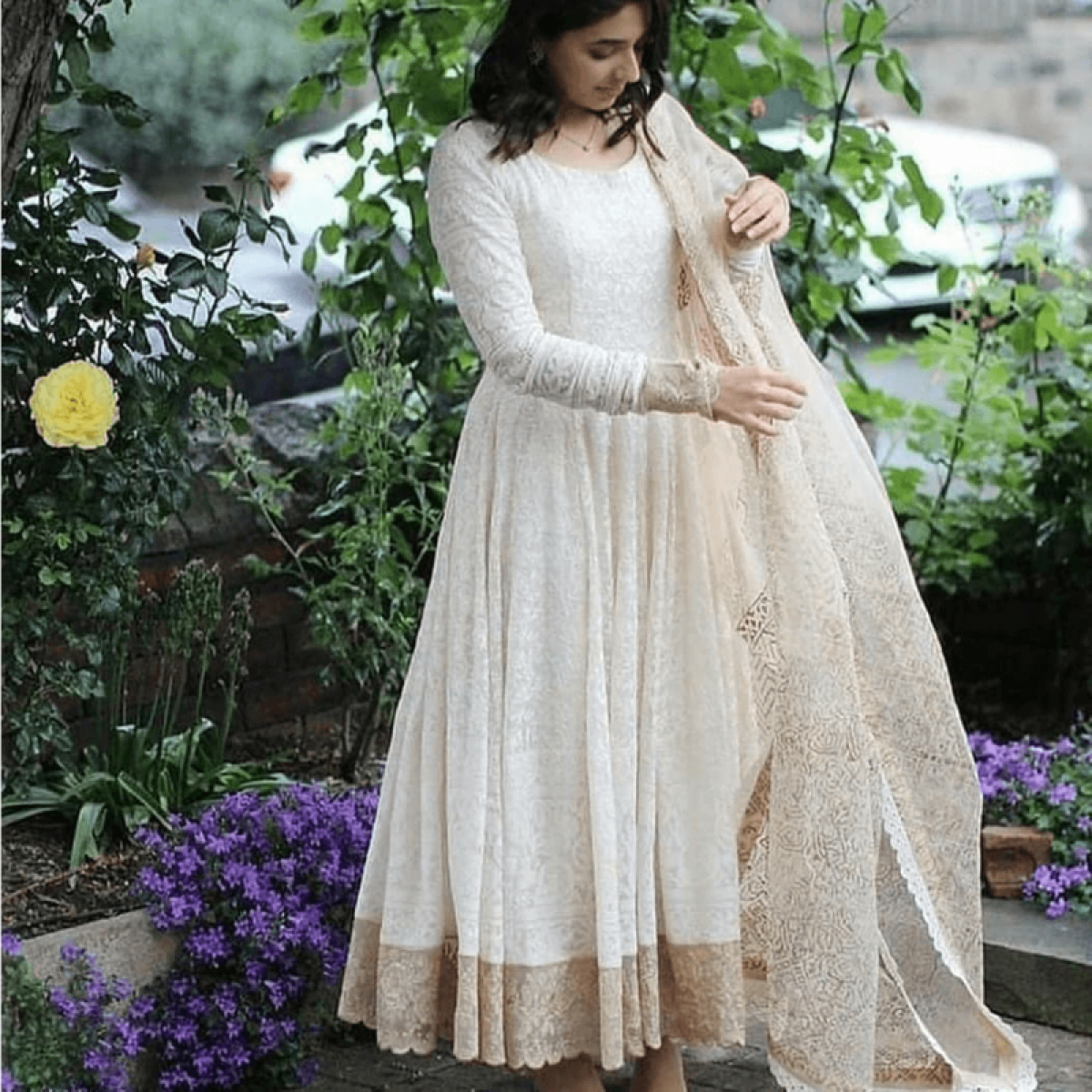 White Color Ready made Anarkali Gown with Dupatta For Festival
