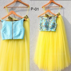 Skyblue and Yellow Croptop Lehenga