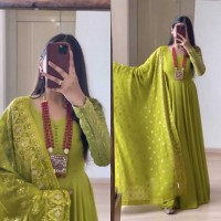 Parrot green long gown with designer dupatta