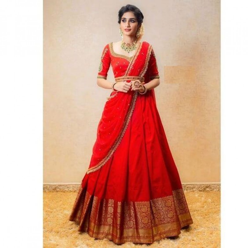 Red Color Classic Half Saree For South Indian Wedding