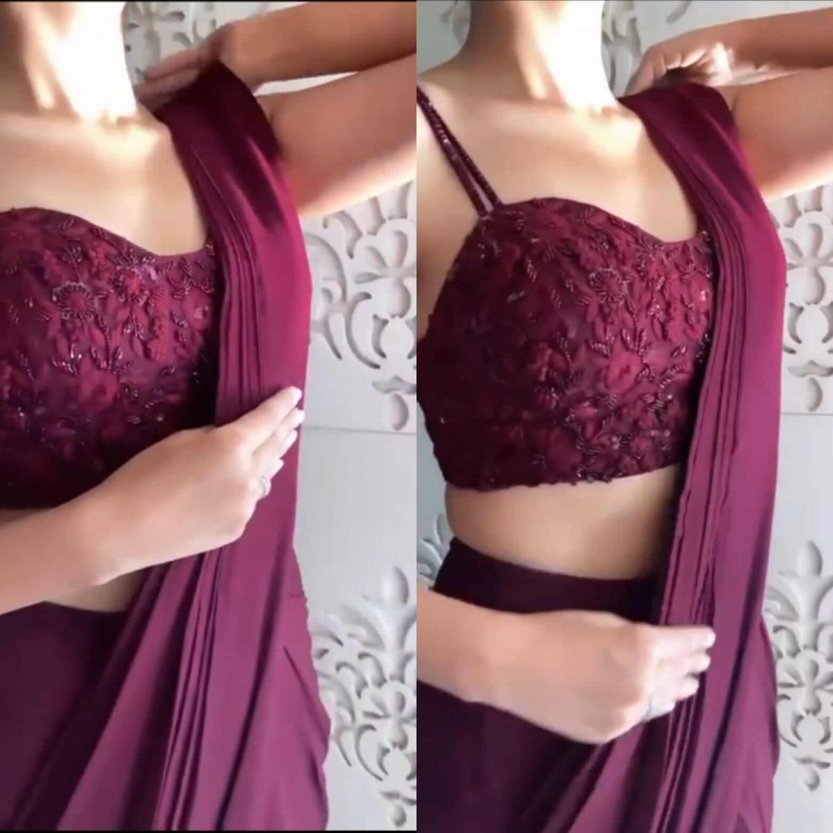 When u want to look your best in your farewell party Elegant # smart # wine  colour # graceful saree# off shoulder blouse Perf… | Saree designs, Simple  sarees, Saree