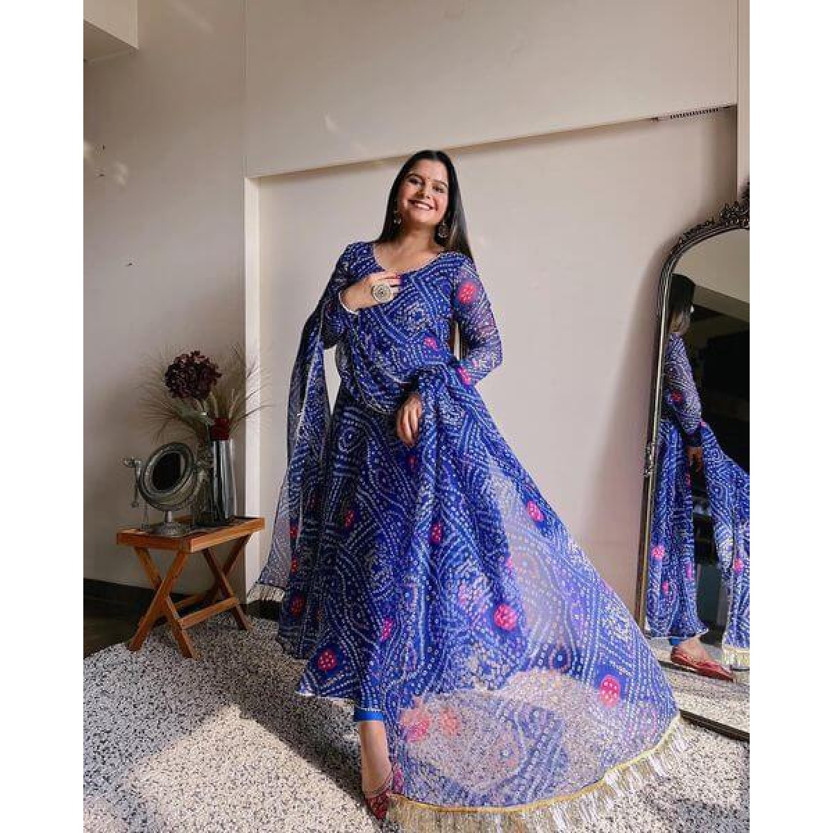 Buy Blue Anarkali And Dupatta Chanderi Bandhani Pattern U Neck Set For  Women by KARAJ JAIPUR Online at Aza Fashions.