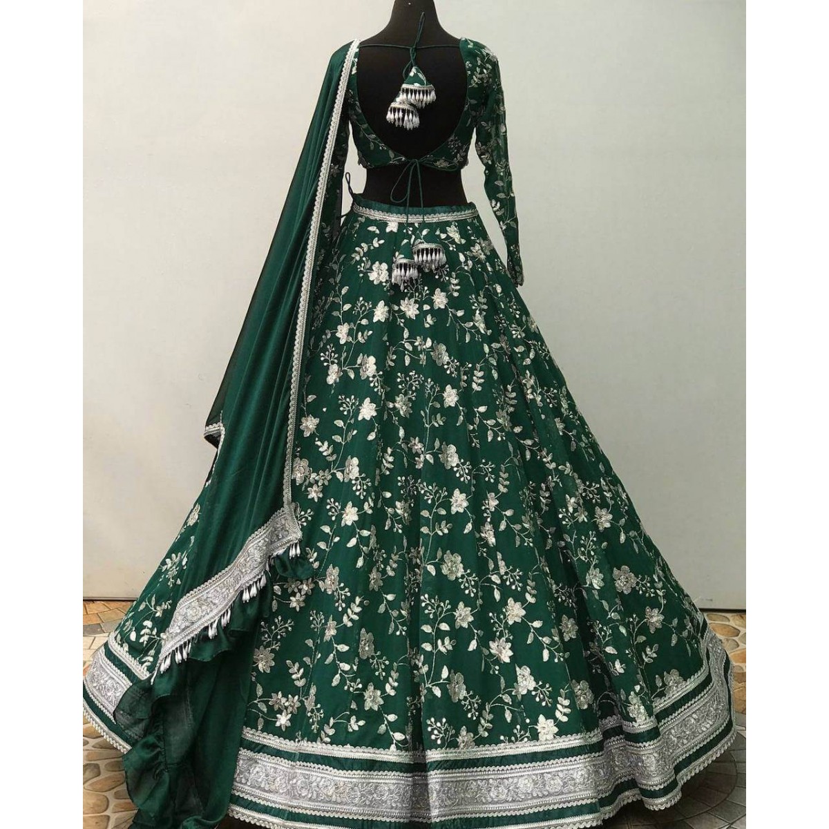 Embroidery Machine Bottle Green Designer Ruffle Lehenga Choli at Rs 1485 in  Surat