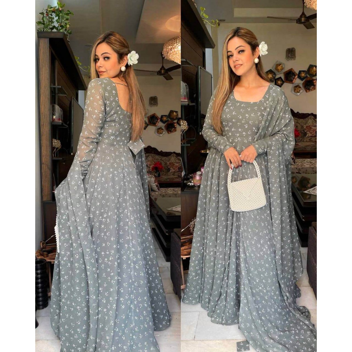 Faux Georgette with Digital Print Grey Color Ready to Wear Fully Stitched  Gown – Prititrendz
