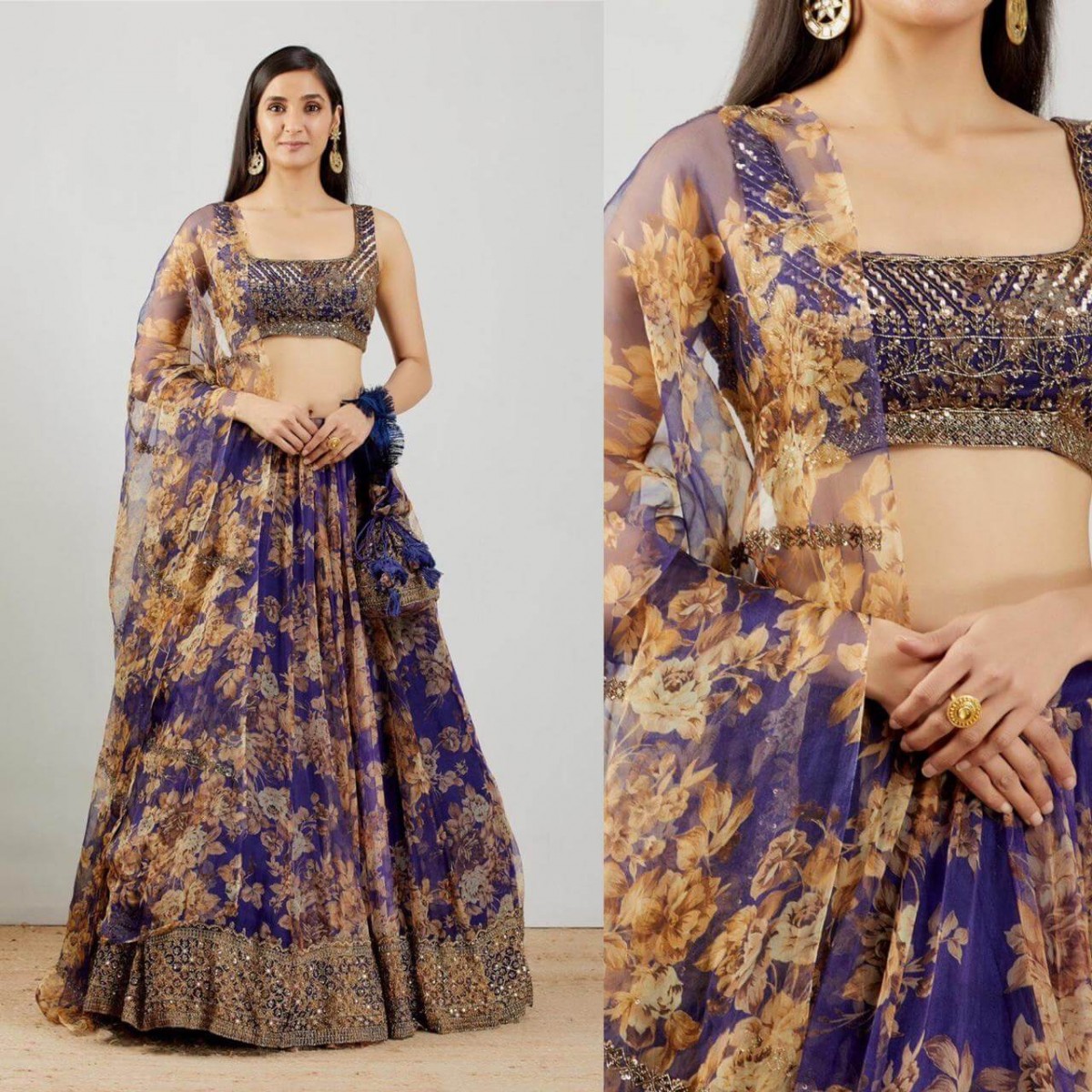 Buy Brown Net Hand Embroidery Sequin V Birds And Floral Bridal Lehenga Set  For Women by mehar Online at Aza Fashions.