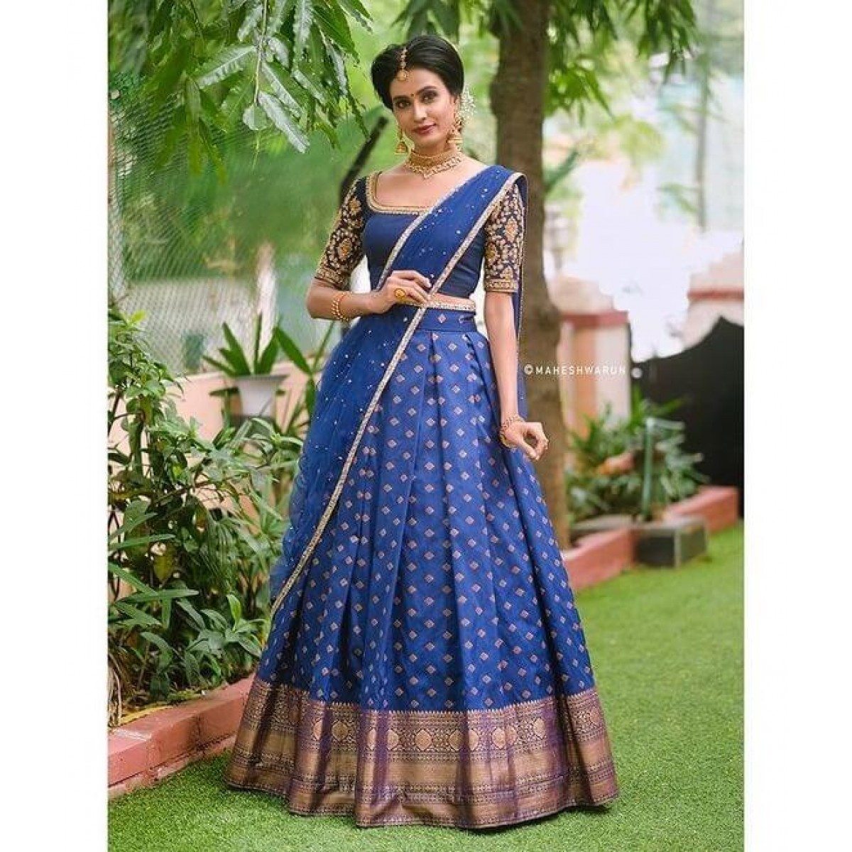 Lehenga Half Saree In South Indian Style In Royal Blue Color